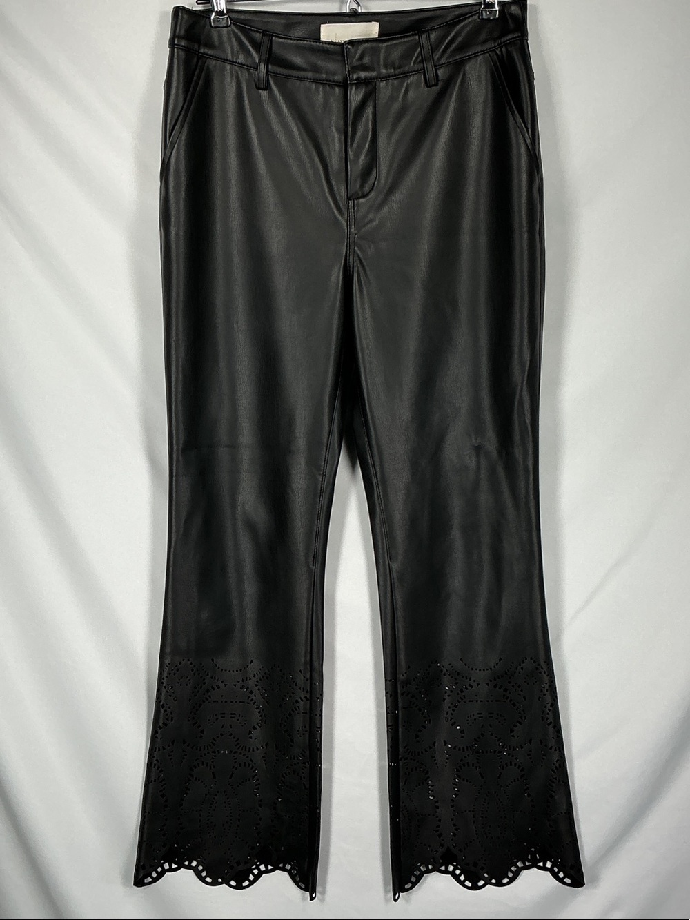 Anthropologie Black Faux Vegan Leather Laser Cut Scalloped Hem Bootcut Pants 2